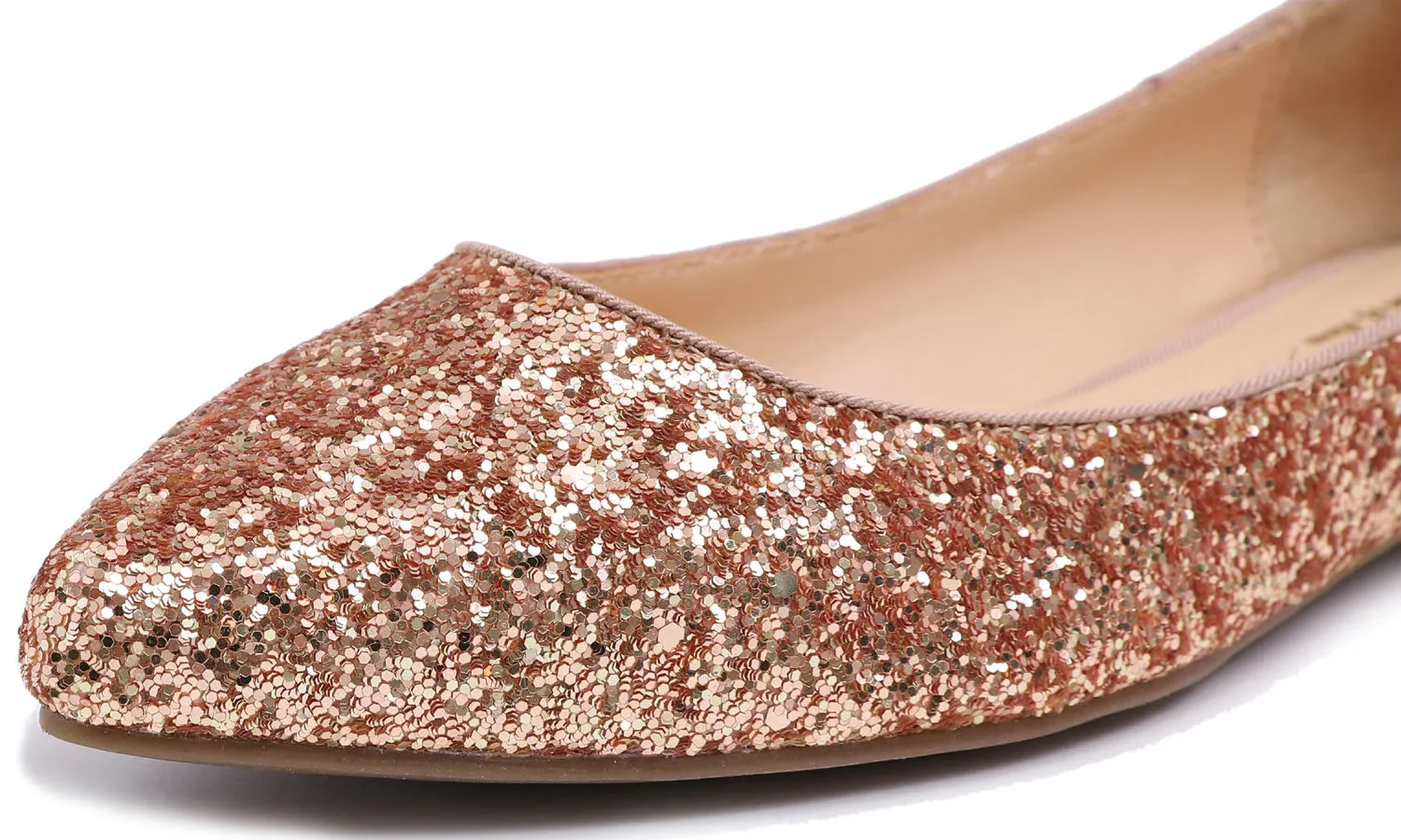 Feversole Women's Sparkle Memory Foam Cushioned Colorful Shiny Ballet Flats Glitter Rose Gold Pointed