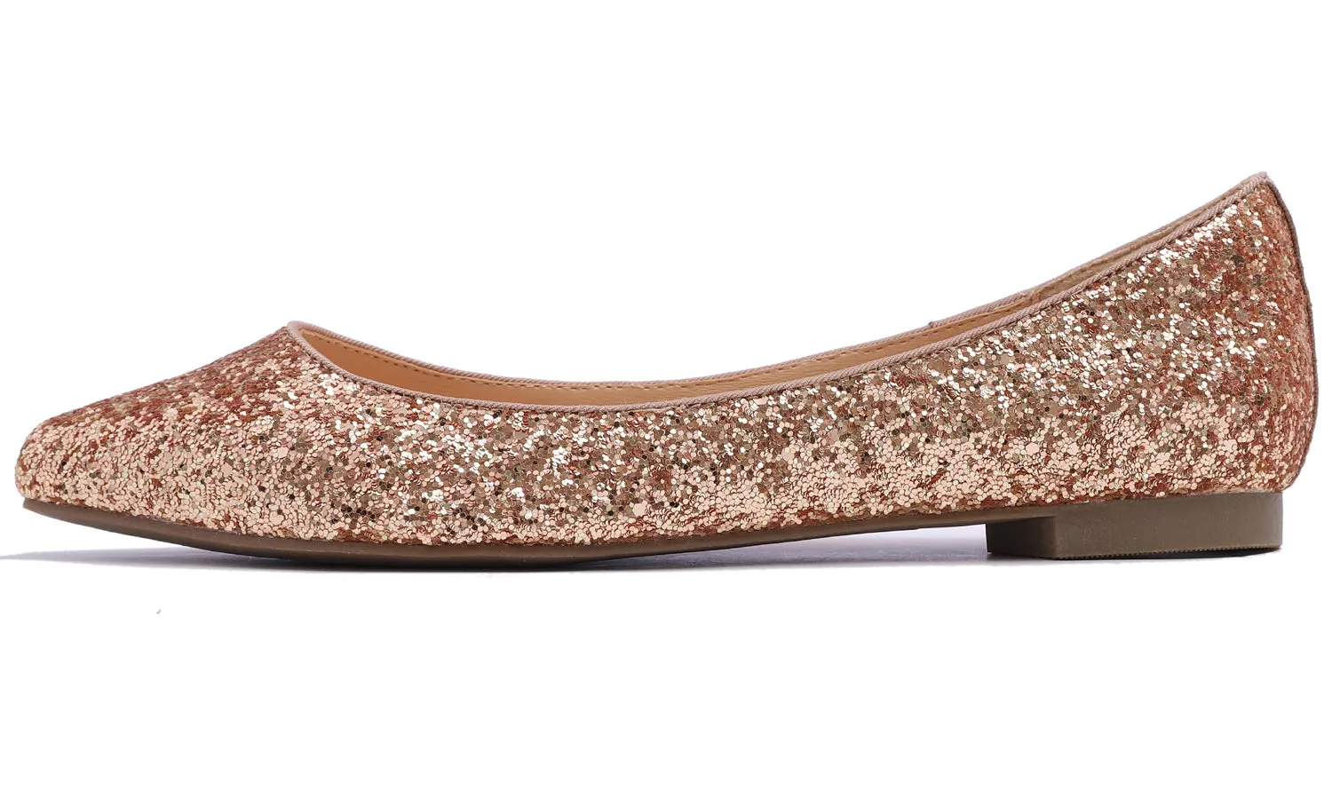 Feversole Women's Sparkle Memory Foam Cushioned Colorful Shiny Ballet Flats Glitter Rose Gold Pointed