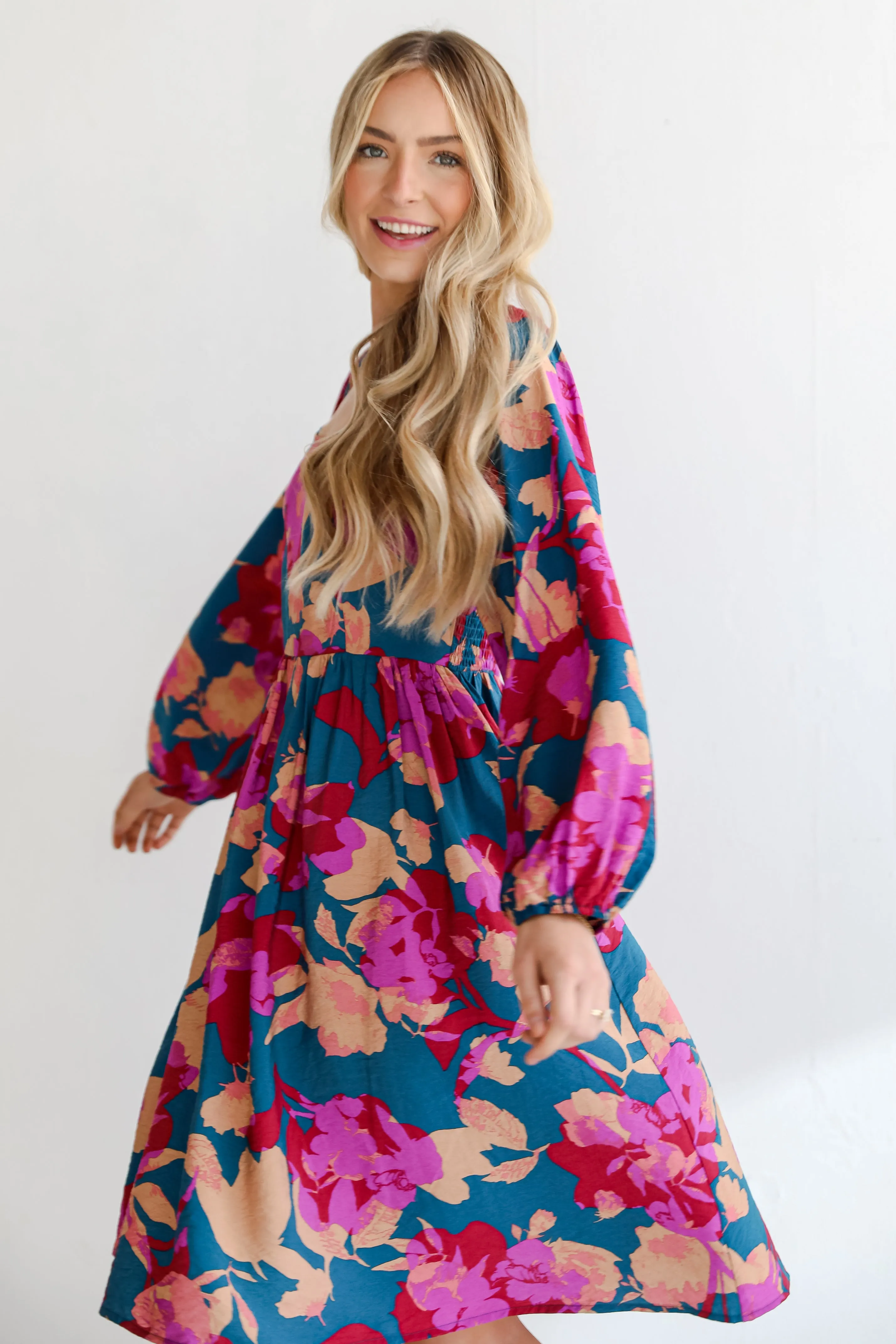 FINAL SALE - Thriving Blossom Teal Floral Midi Dress