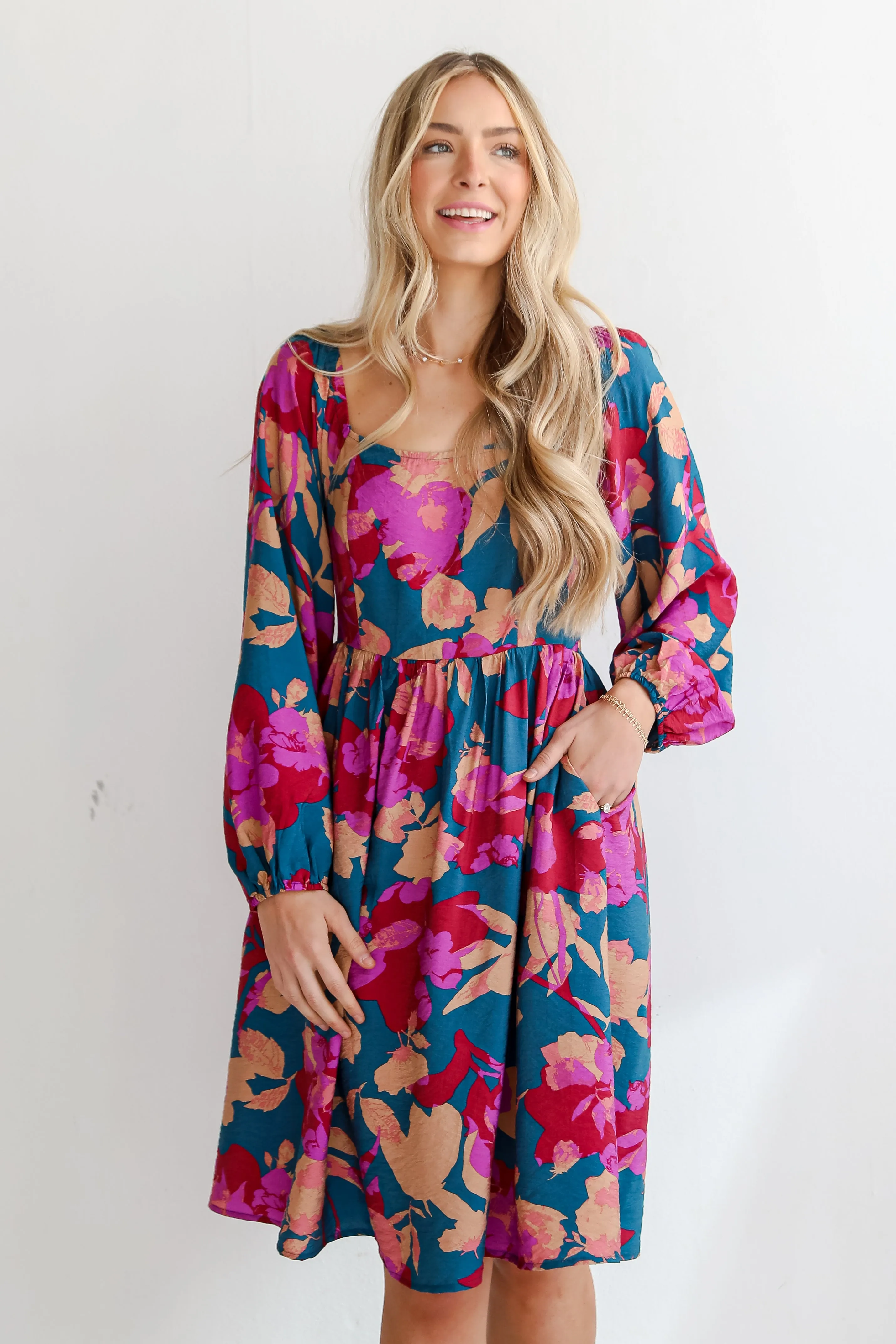 FINAL SALE - Thriving Blossom Teal Floral Midi Dress