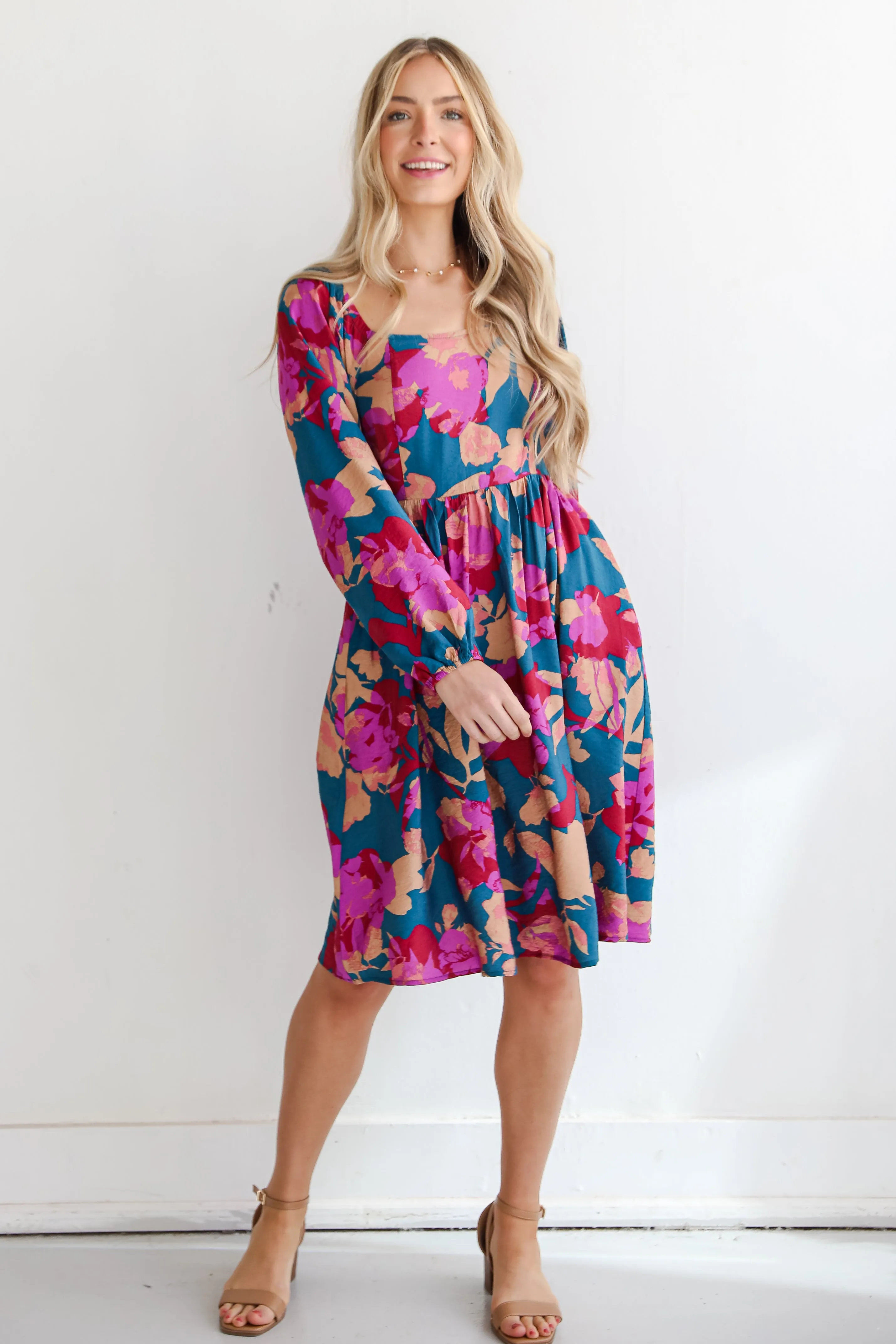 FINAL SALE - Thriving Blossom Teal Floral Midi Dress