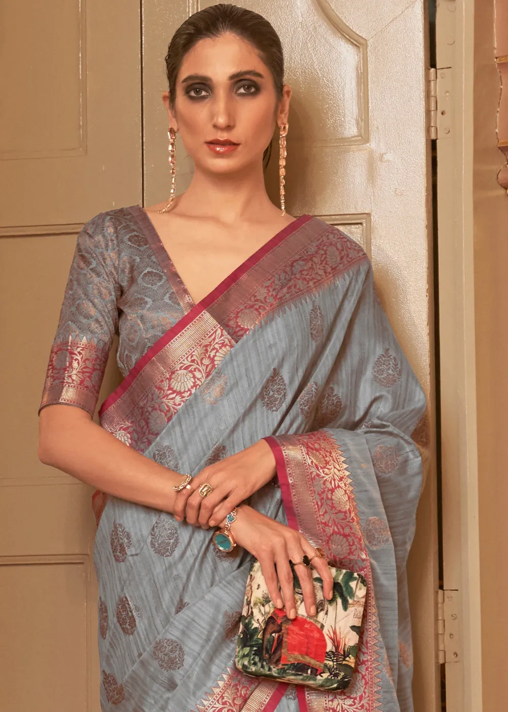 Flint Grey Zari Butta Woven Tussar Silk Saree