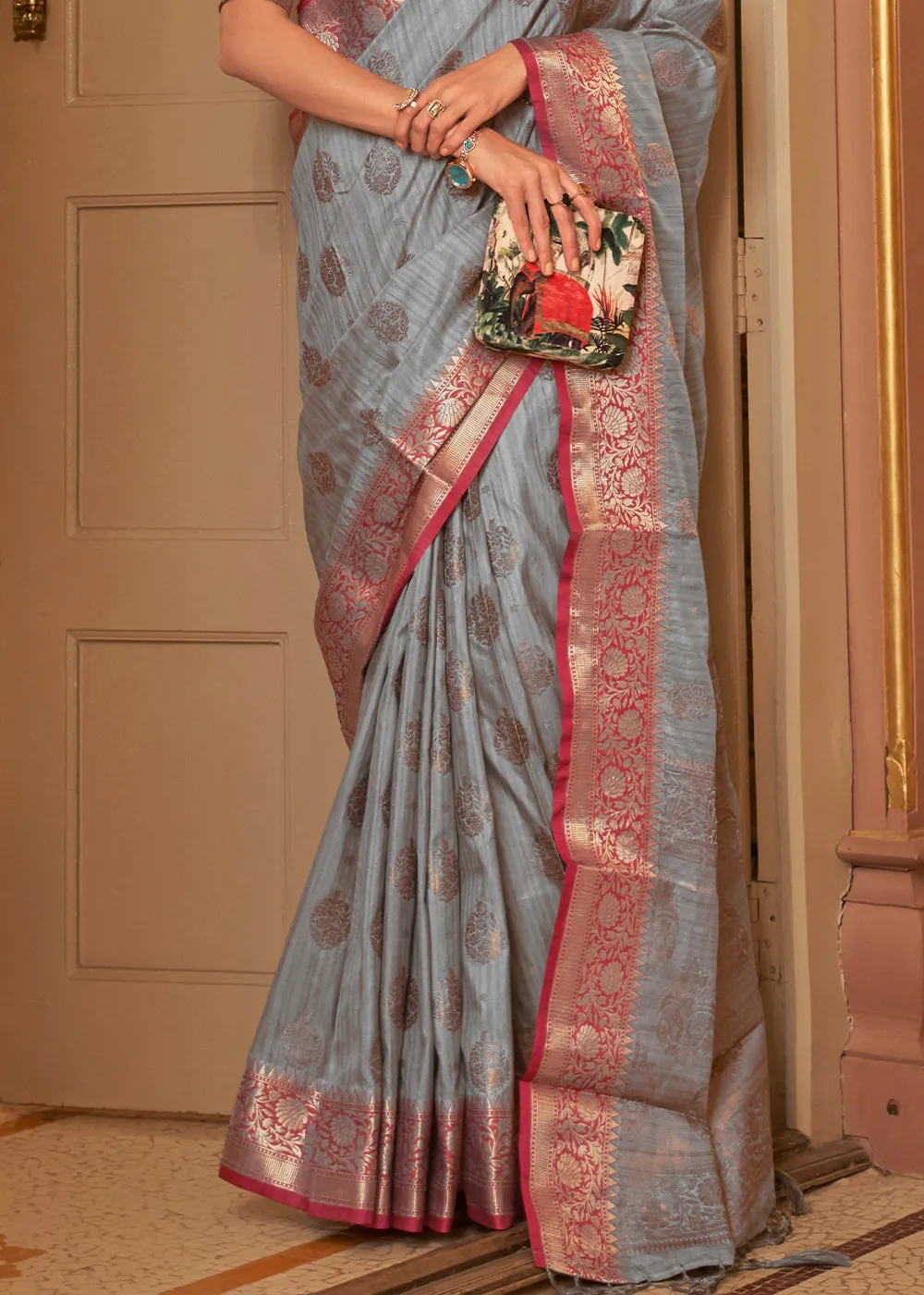 Flint Grey Zari Butta Woven Tussar Silk Saree