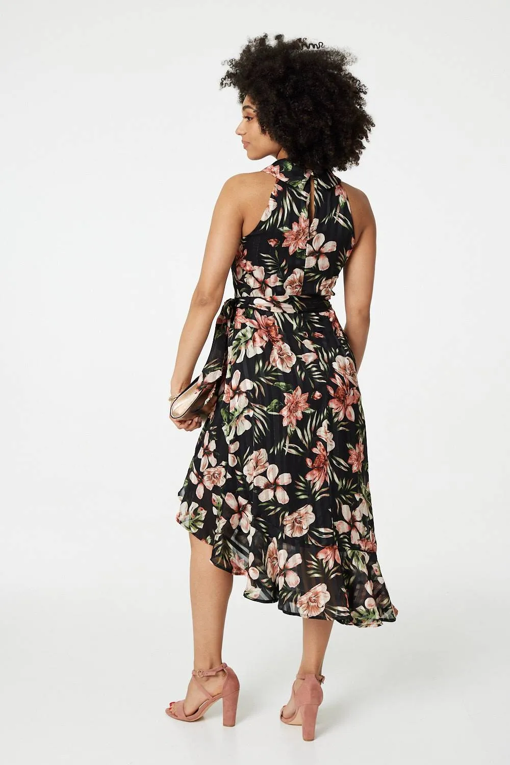 Floral Asymmetric Halter Neck Midi Dress