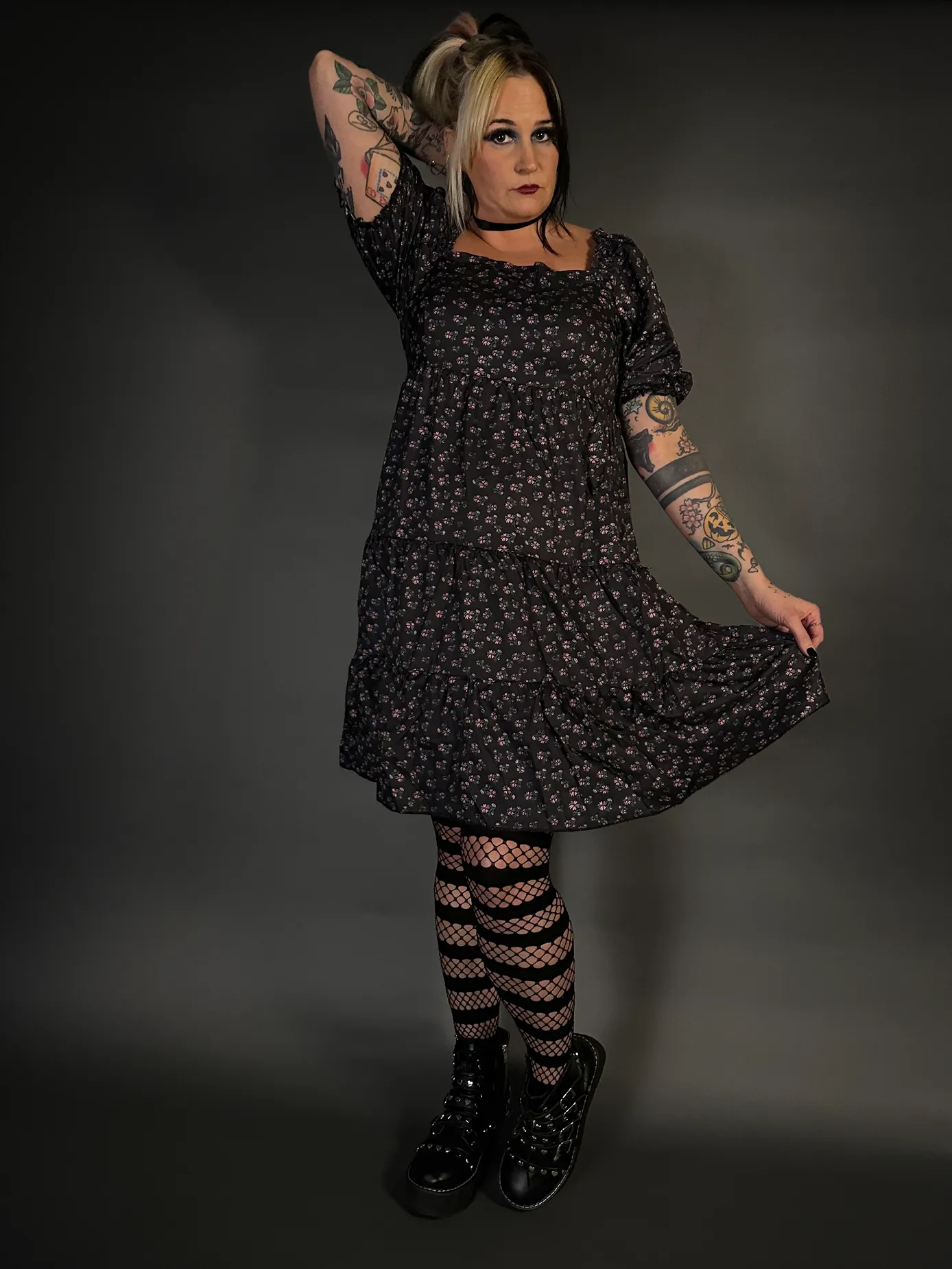 Floral Print French Style Layered Dress with Square Neck Goth / Indie Style