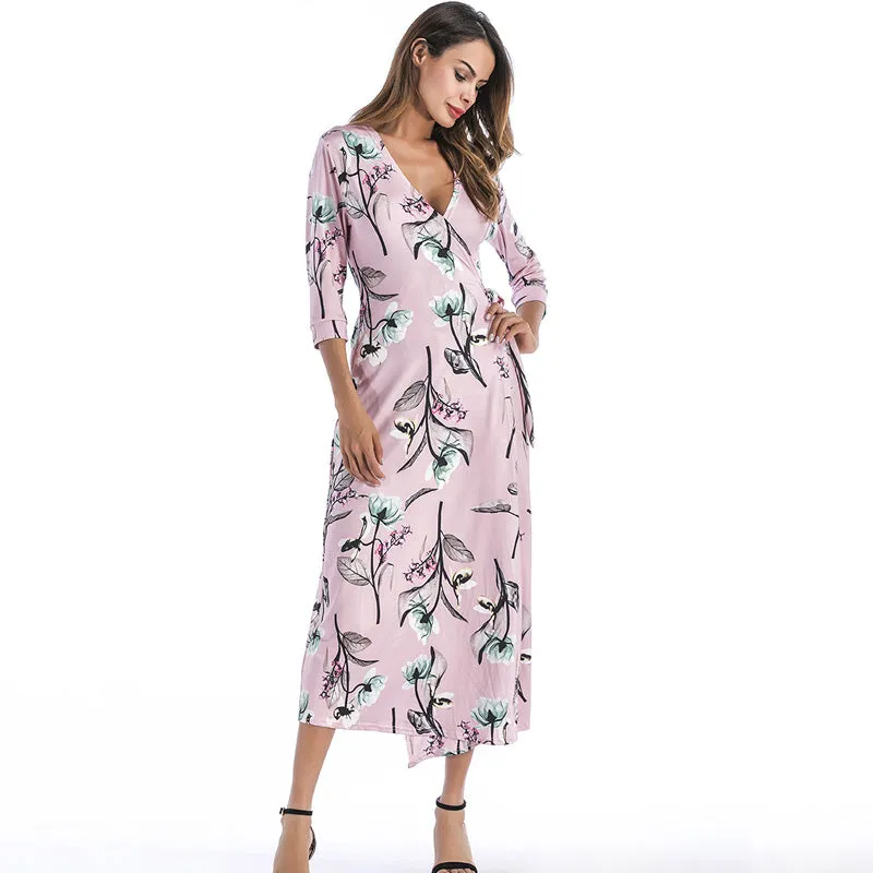 Floral Printed Bohemian Wrap Long Dress