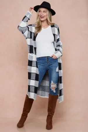 Front Patched Pocket Sweater Duster Plaid Check Long Cardigan