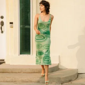 Fuzzy Tie Dye Cutout Spaghetti Strap Midi Sweater Dress - Green