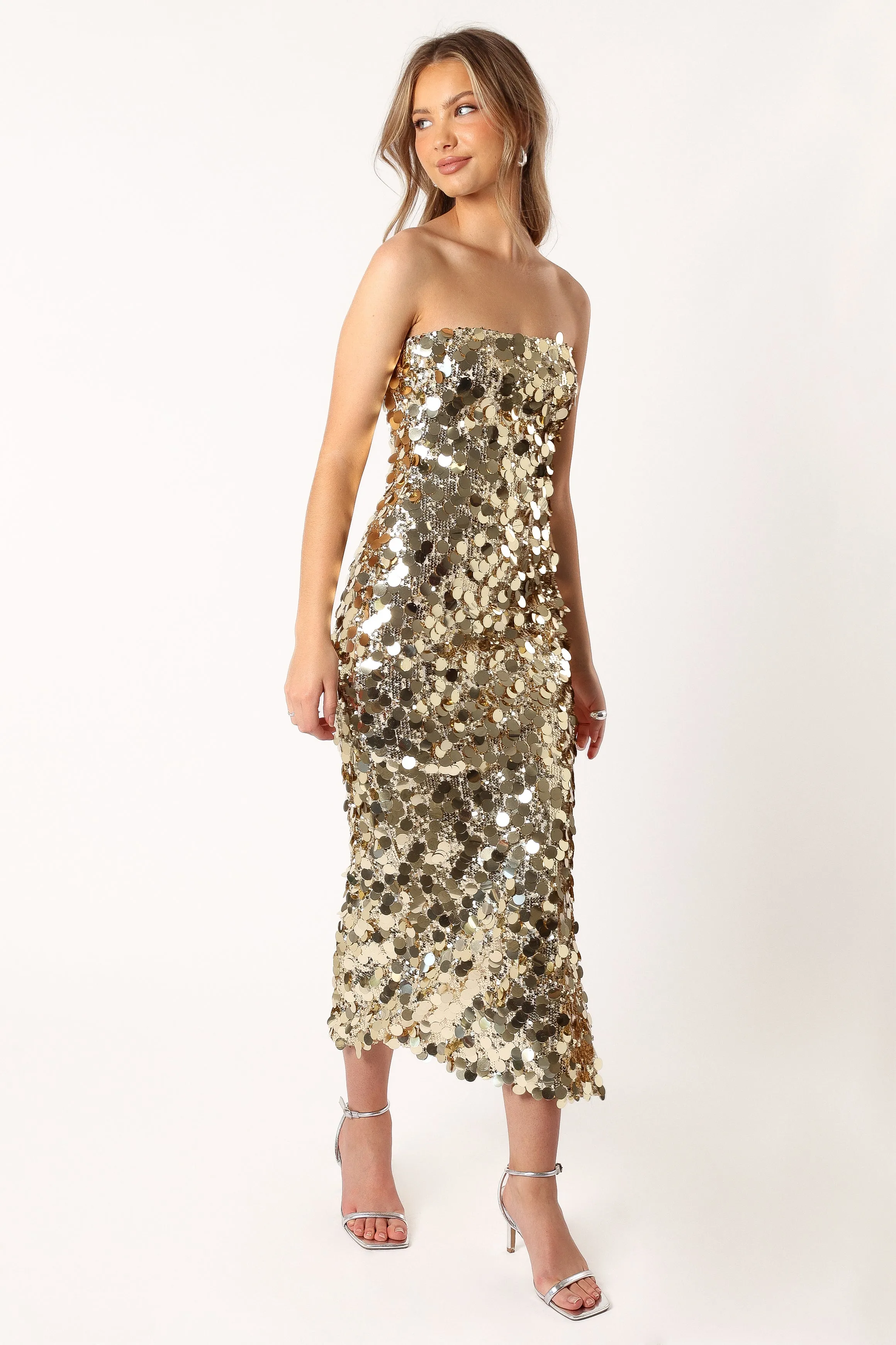 Gabourne Strapless Midi Dress - Gold Sequin