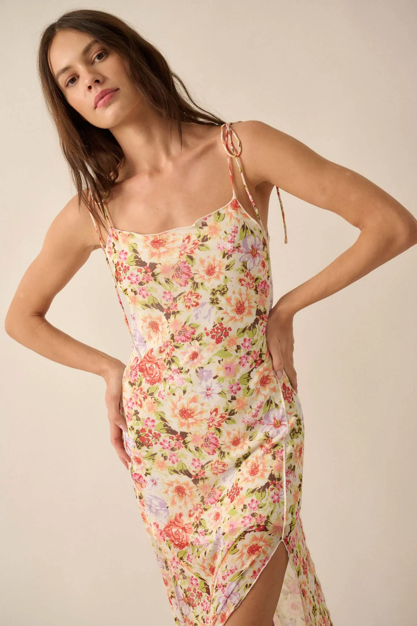 Garden Grown Floral-Print Mesh Midi Slip Dress