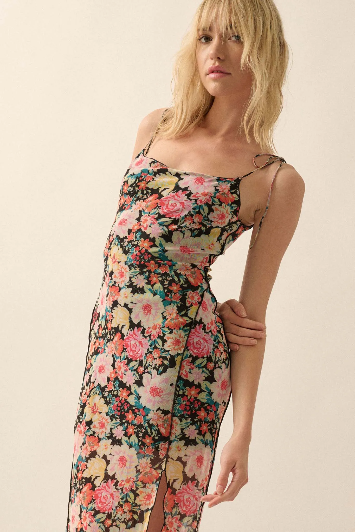 Garden Grown Floral-Print Mesh Midi Slip Dress