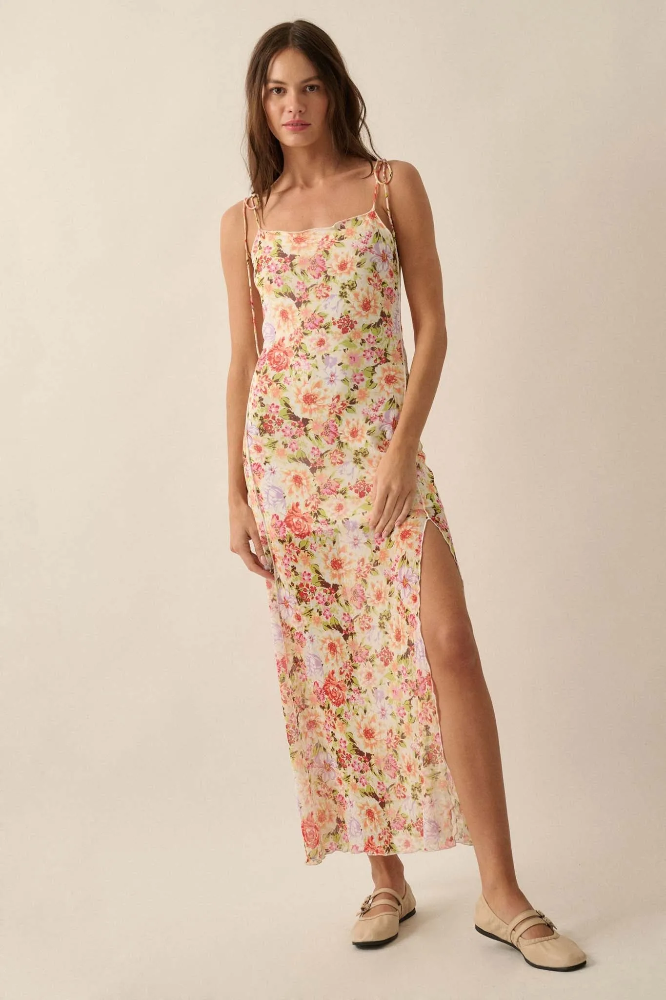 Garden Grown Floral-Print Mesh Midi Slip Dress