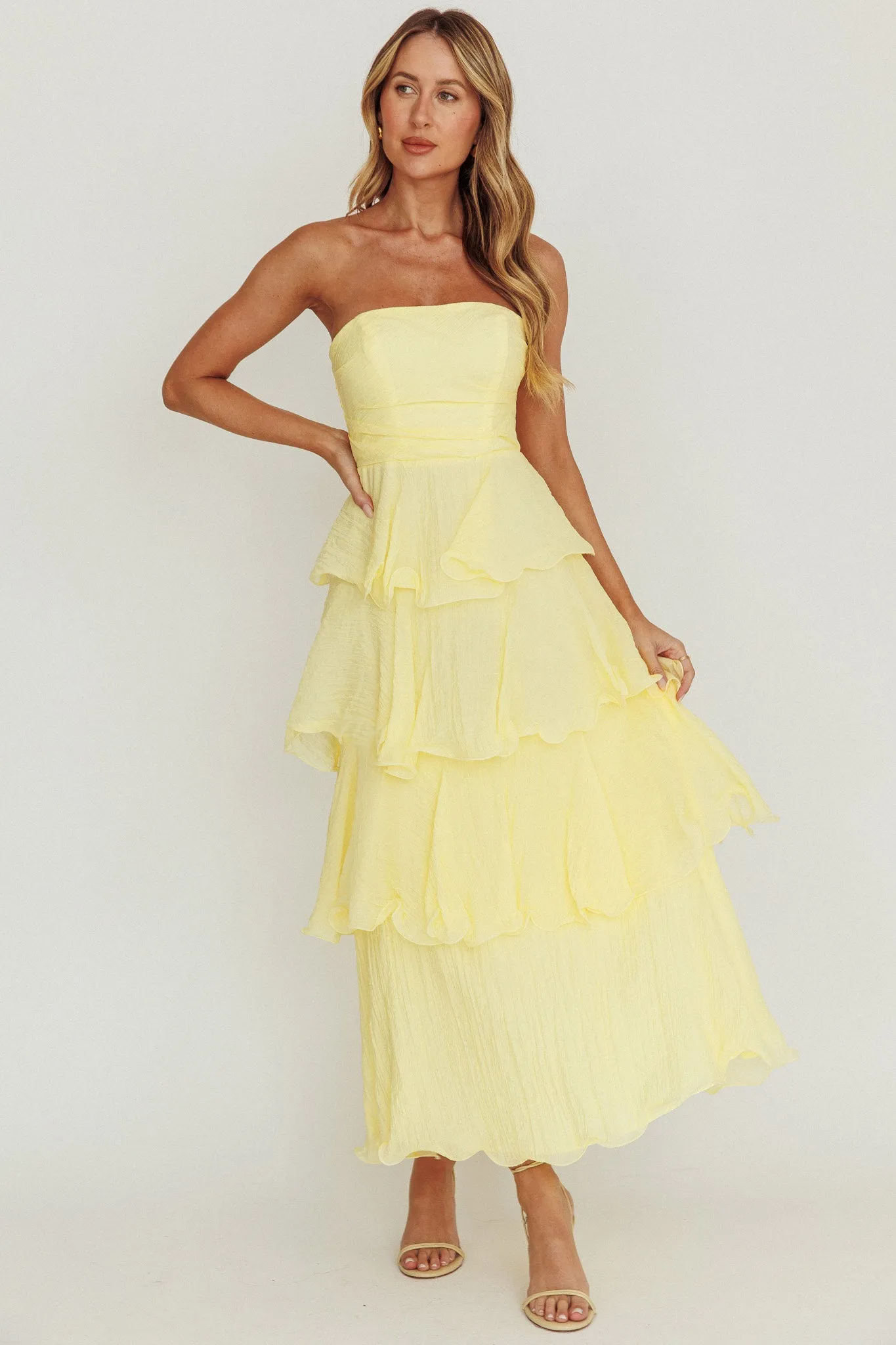 Giavana Strapless Layered Ruffles Midi Dress Lemon