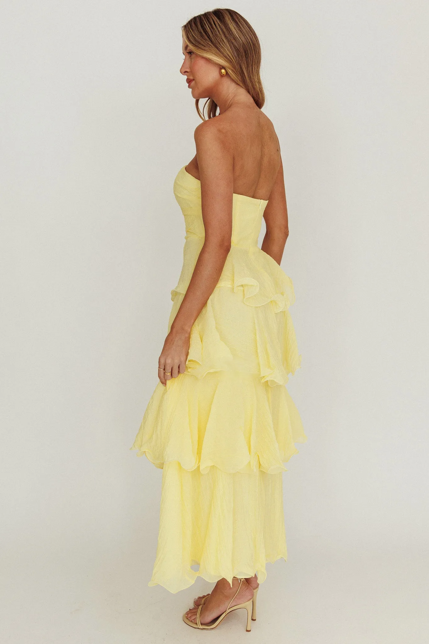 Giavana Strapless Layered Ruffles Midi Dress Lemon