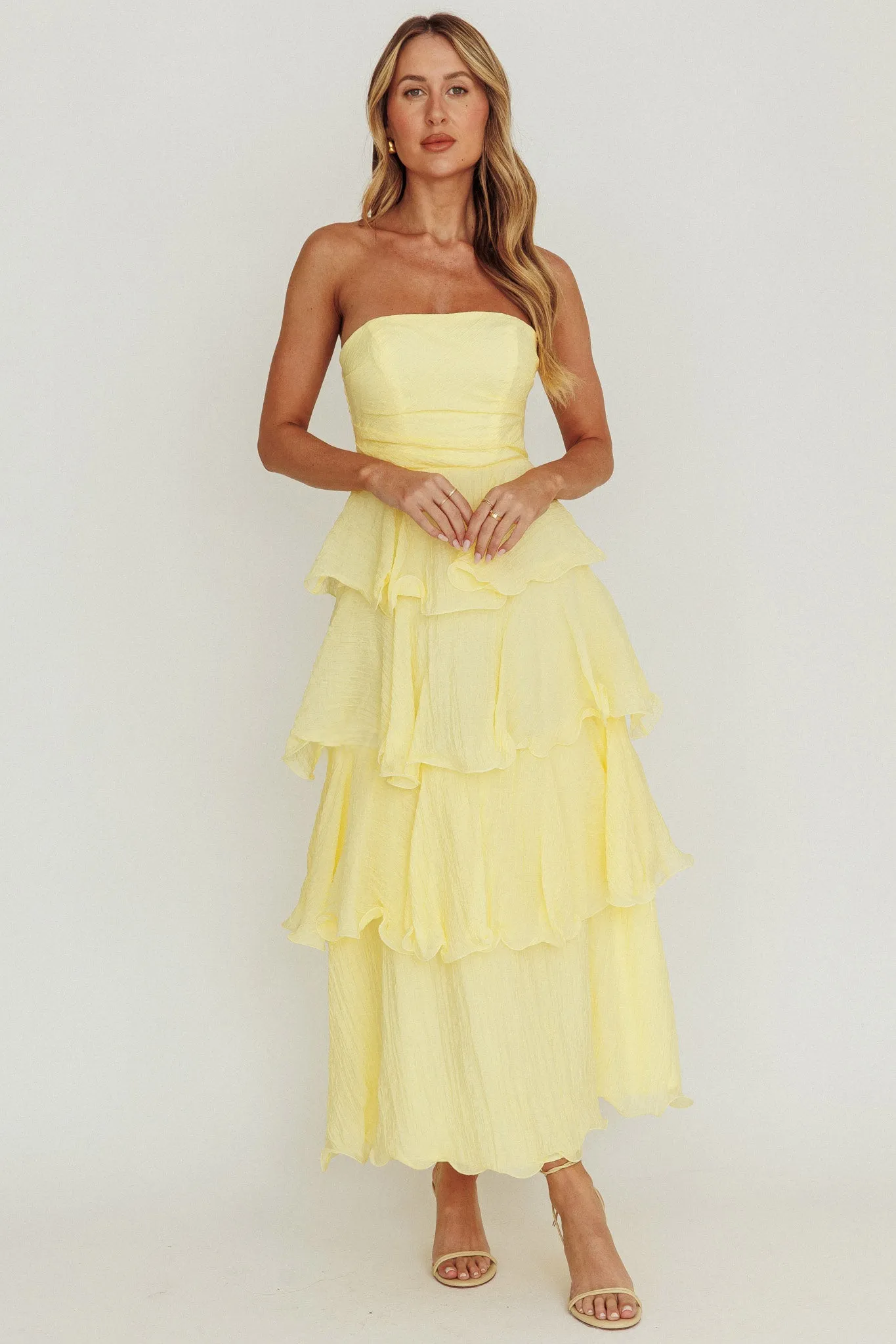 Giavana Strapless Layered Ruffles Midi Dress Lemon