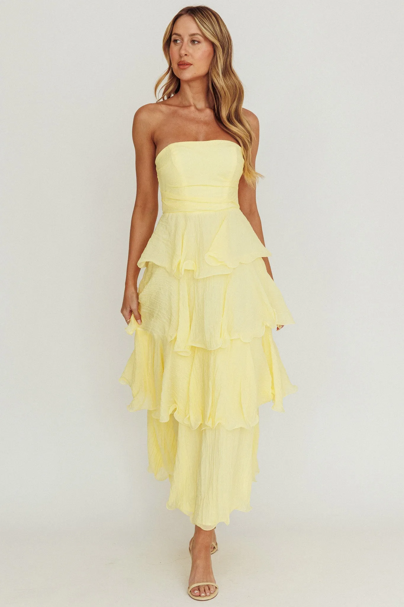 Giavana Strapless Layered Ruffles Midi Dress Lemon