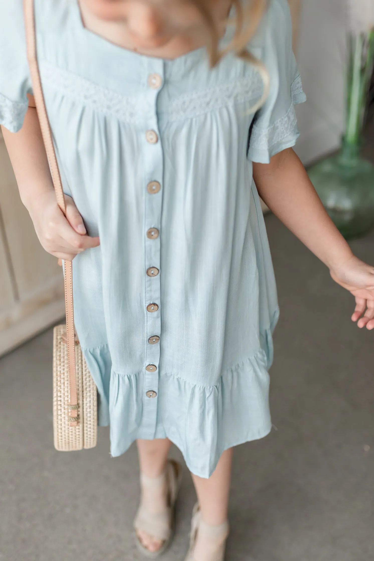 Girls Lace Trim Button Up Dress - FINAL SALE