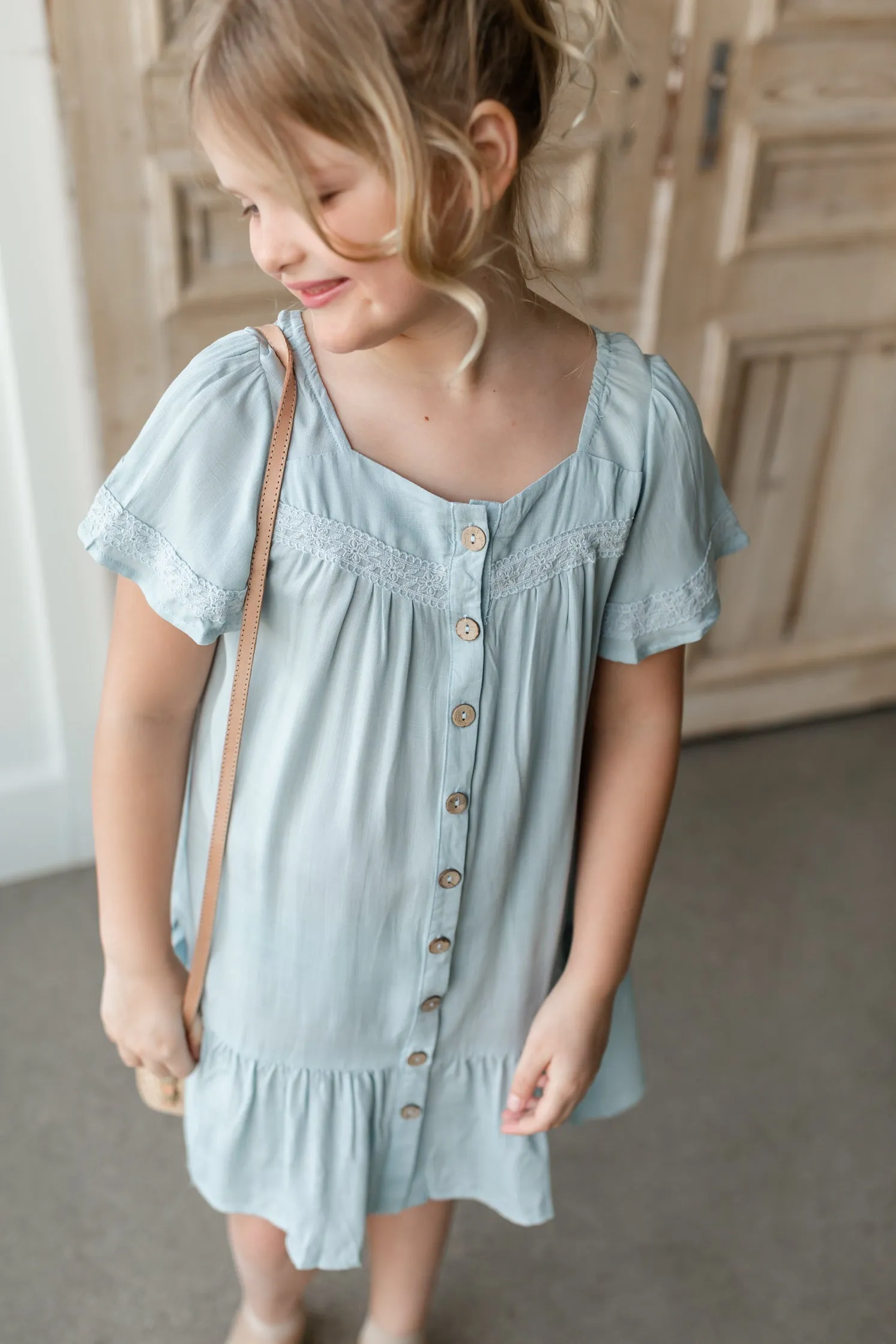 Girls Lace Trim Button Up Dress - FINAL SALE