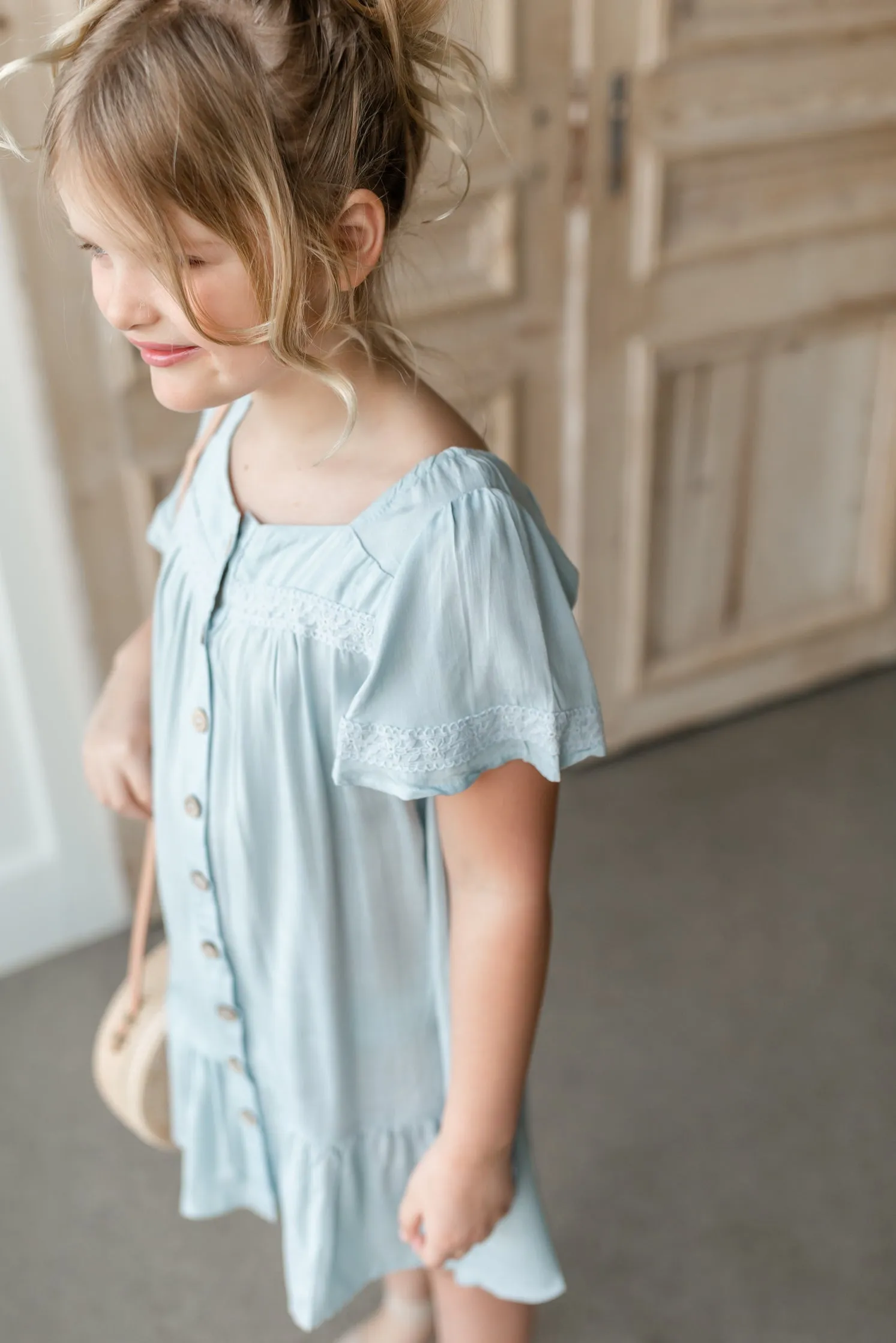 Girls Lace Trim Button Up Dress - FINAL SALE