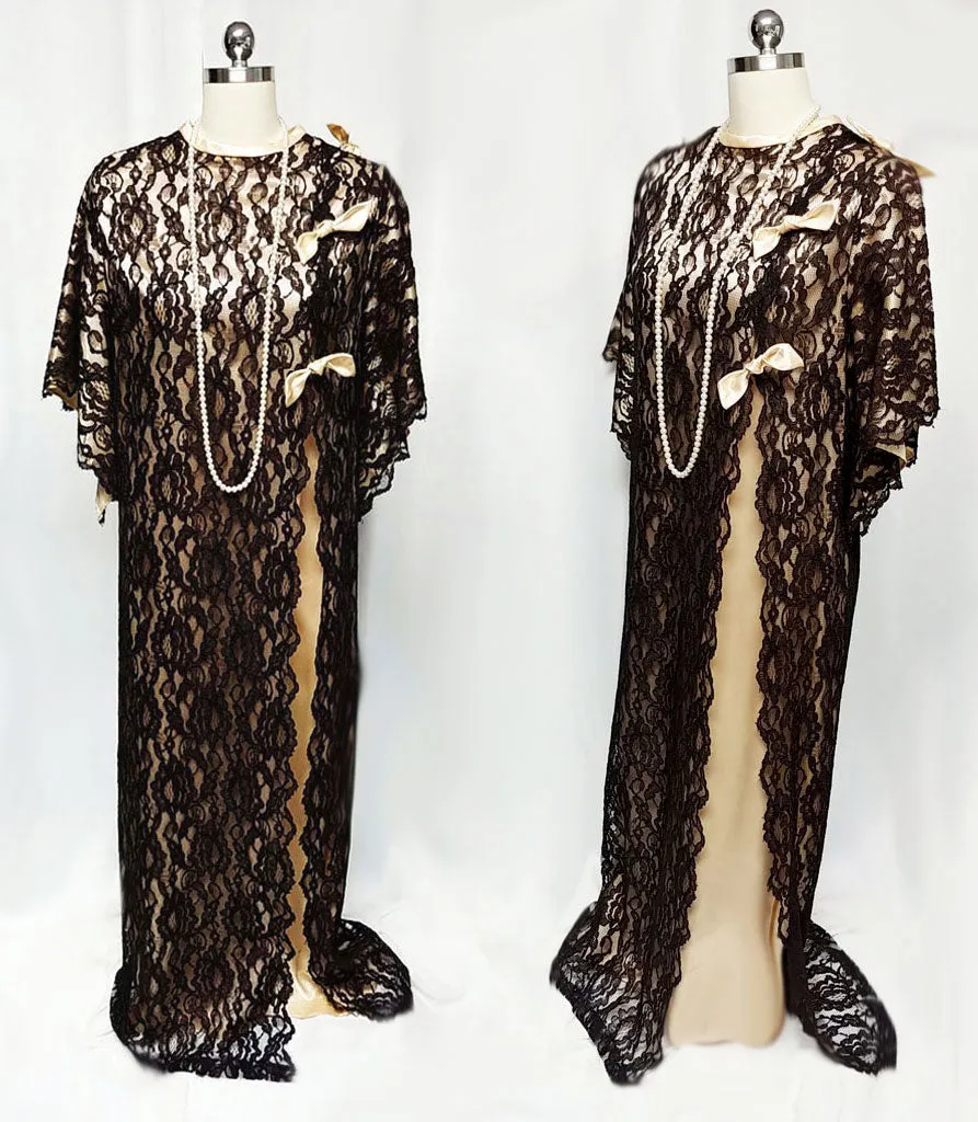 *GLAMOROUS VINTAGE ROVEL OF CALIFORNIA BLACK LACE & CHAMPAGNE SATIN DRESSING GOWN / LOUNGEWEAR / CAFTAN