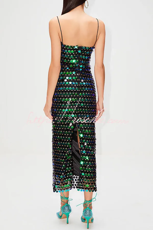 Glamour Glow Sequin Spaghetti Strap Birthday Party Midi Dresses