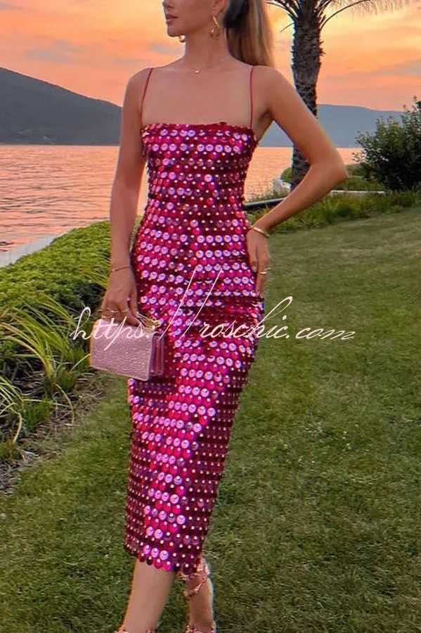 Glamour Glow Sequin Spaghetti Strap Birthday Party Midi Dresses