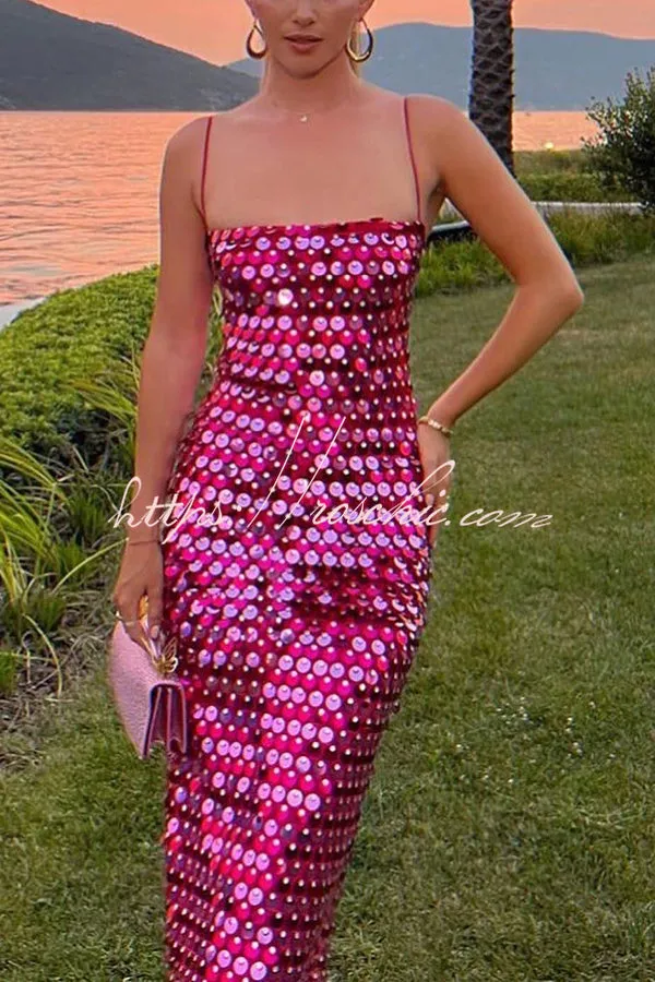 Glamour Glow Sequin Spaghetti Strap Birthday Party Midi Dresses