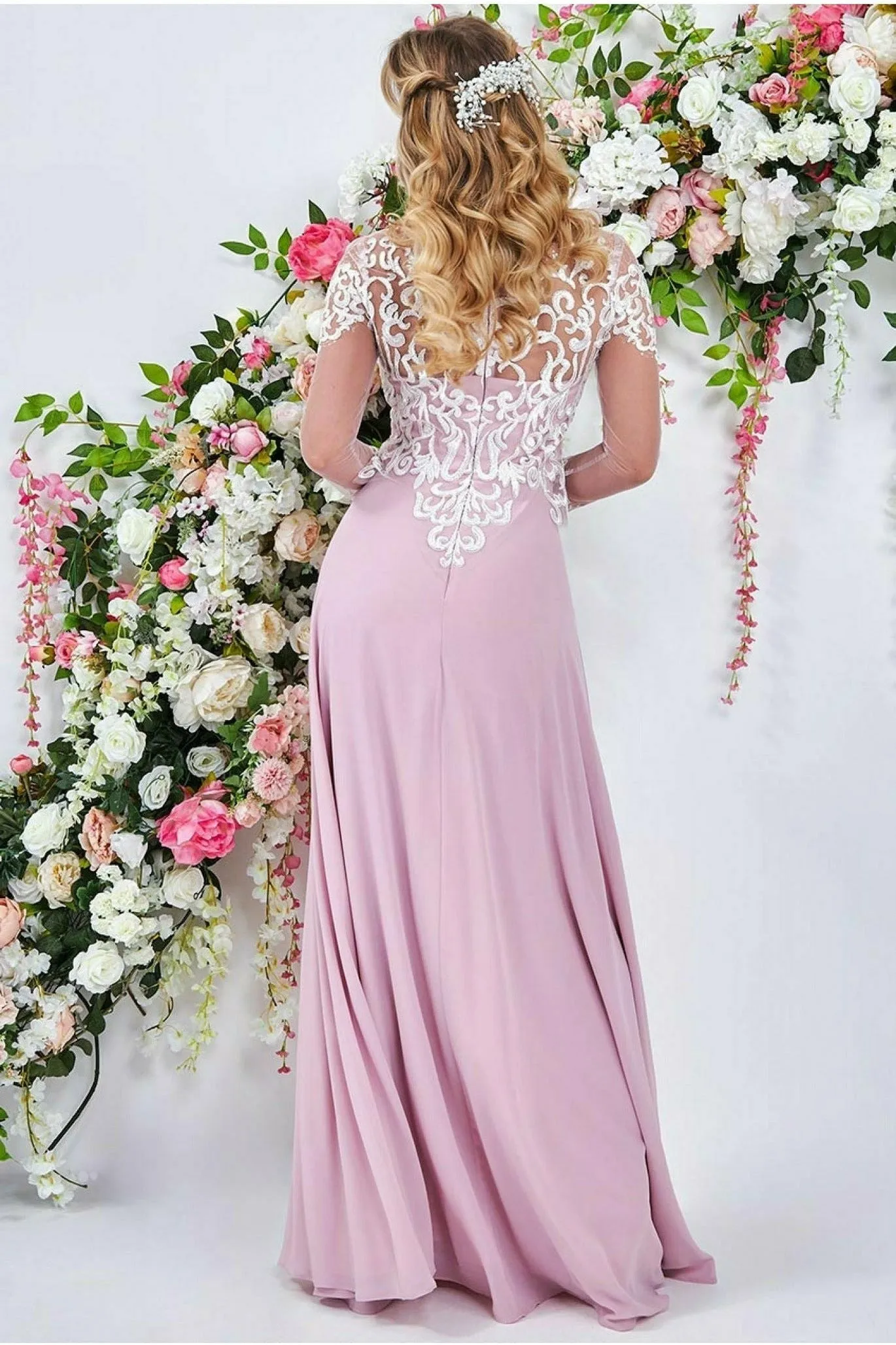 Goddiva Mesh & Lace Embroidered Bodice Maxi - Blush