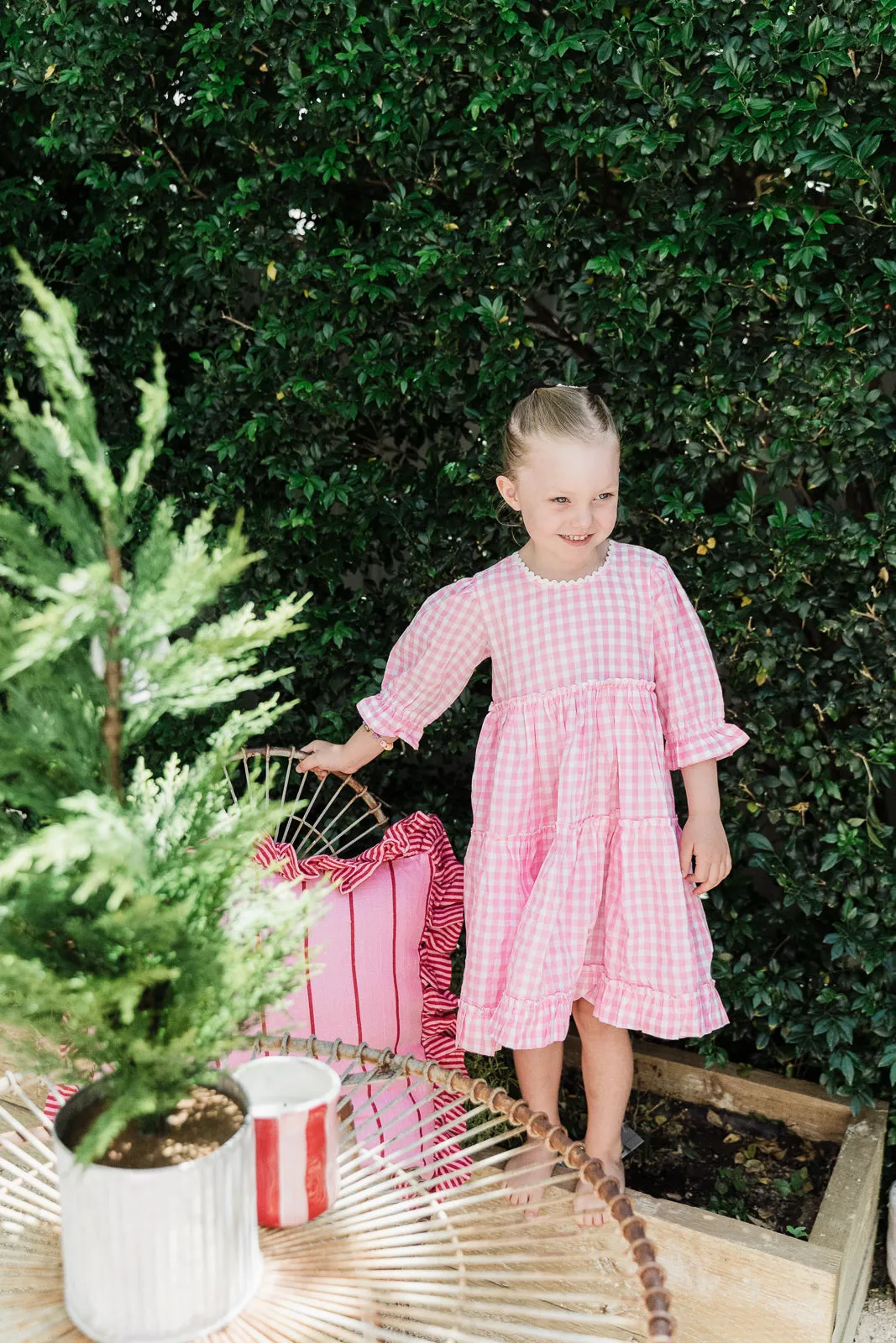 Grace and May Mini Tiered Dress Pink Gingham