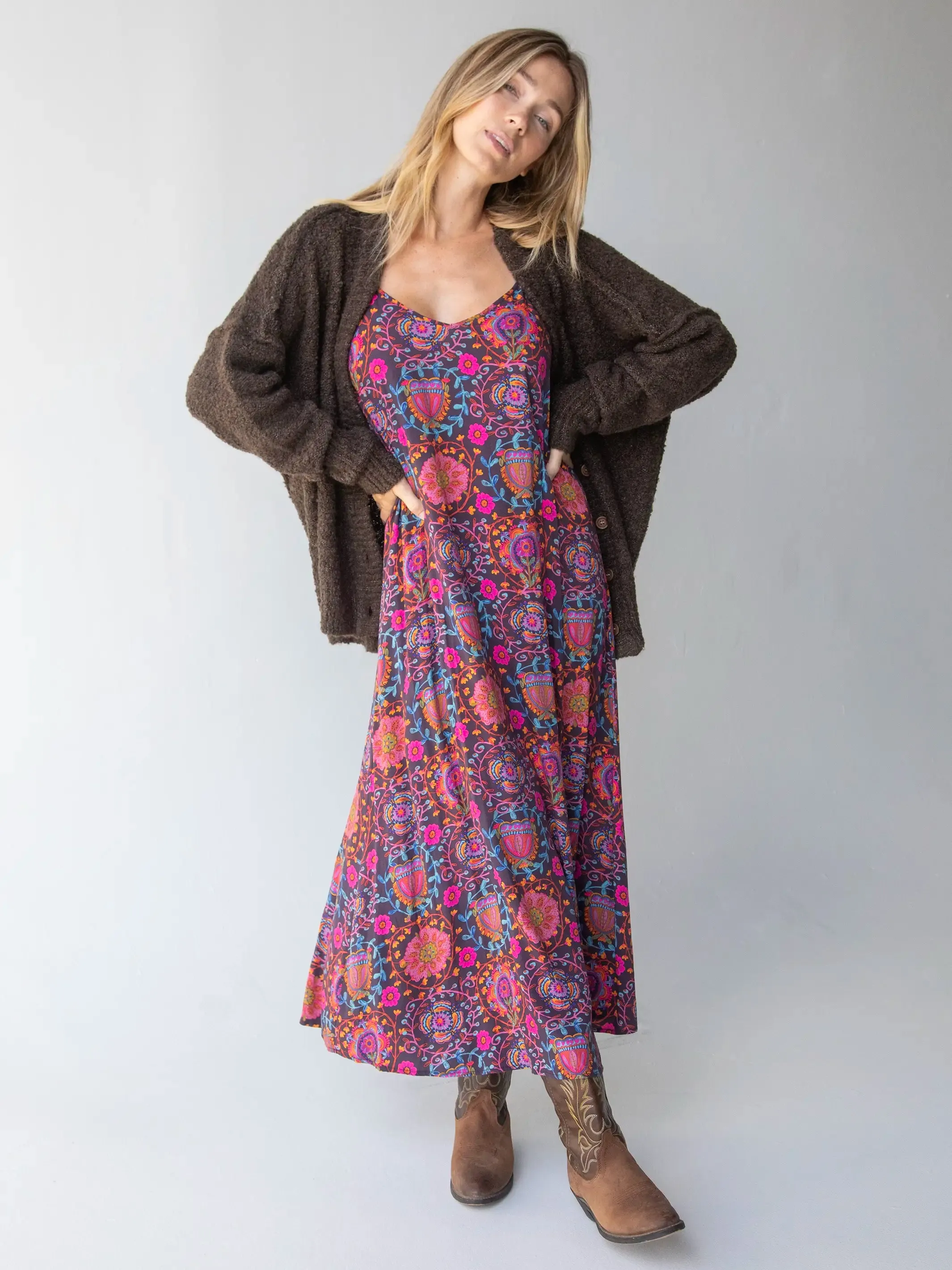 Gracie Slip Maxi Dress - Black Printed Folk Circles