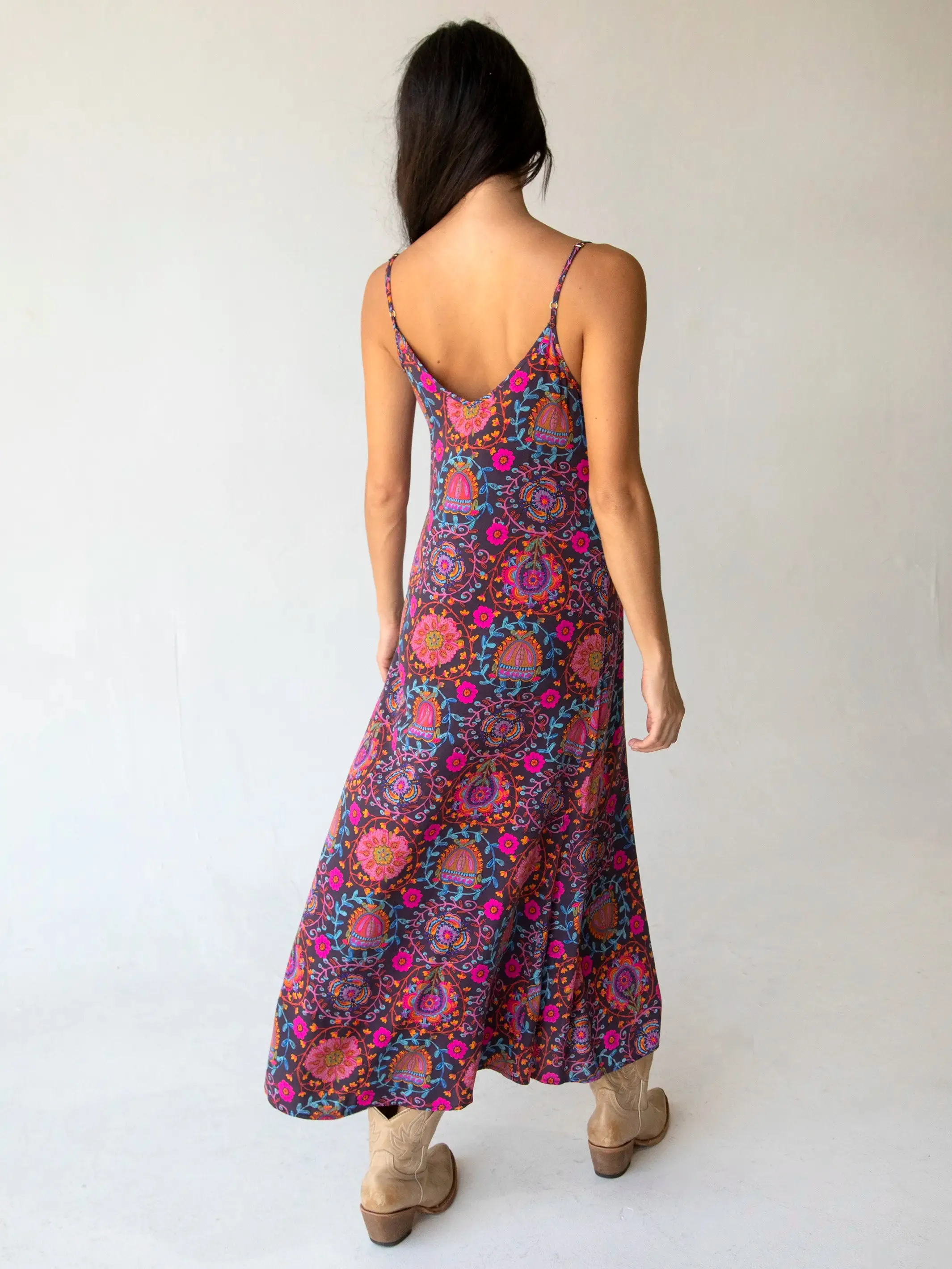 Gracie Slip Maxi Dress - Black Printed Folk Circles