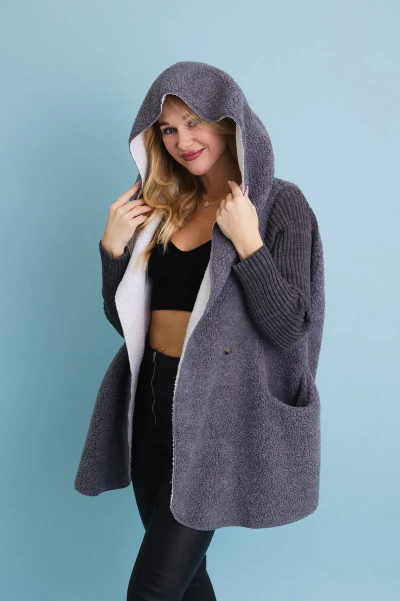 Gray Cozy Sherpa Hooded Cardigan