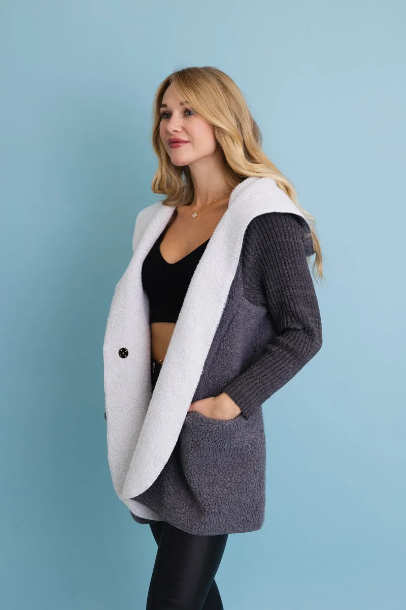 Gray Cozy Sherpa Hooded Cardigan