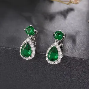 Great Gatsby 1920's Cubic Zirconia Drop Clip On Earrings - Green (Style 43)