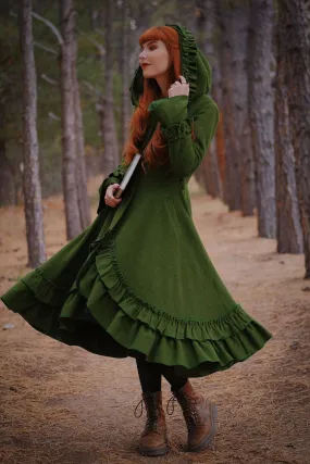 Green Hooded Long Wool Coat 3967