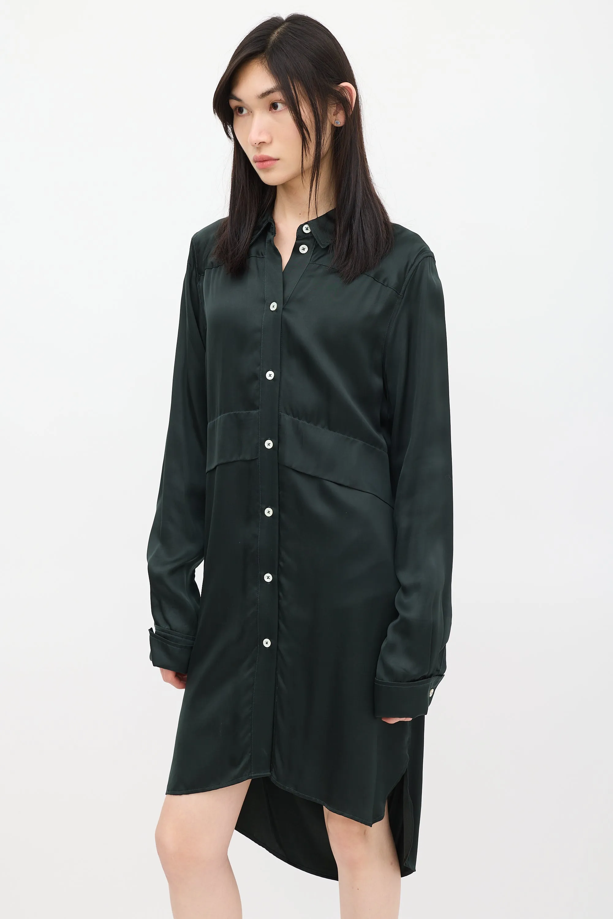 Green Satin Shirt Dress