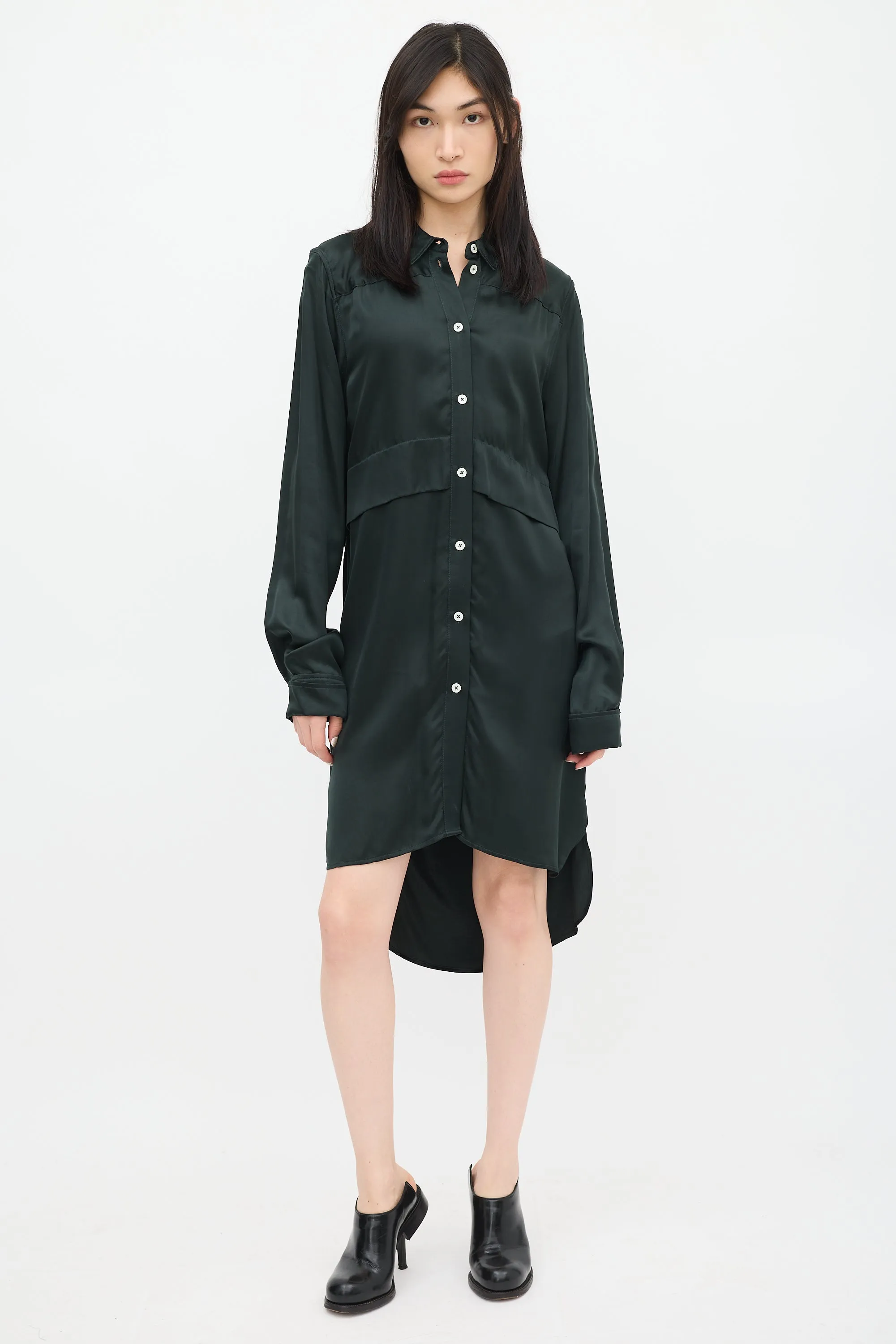 Green Satin Shirt Dress