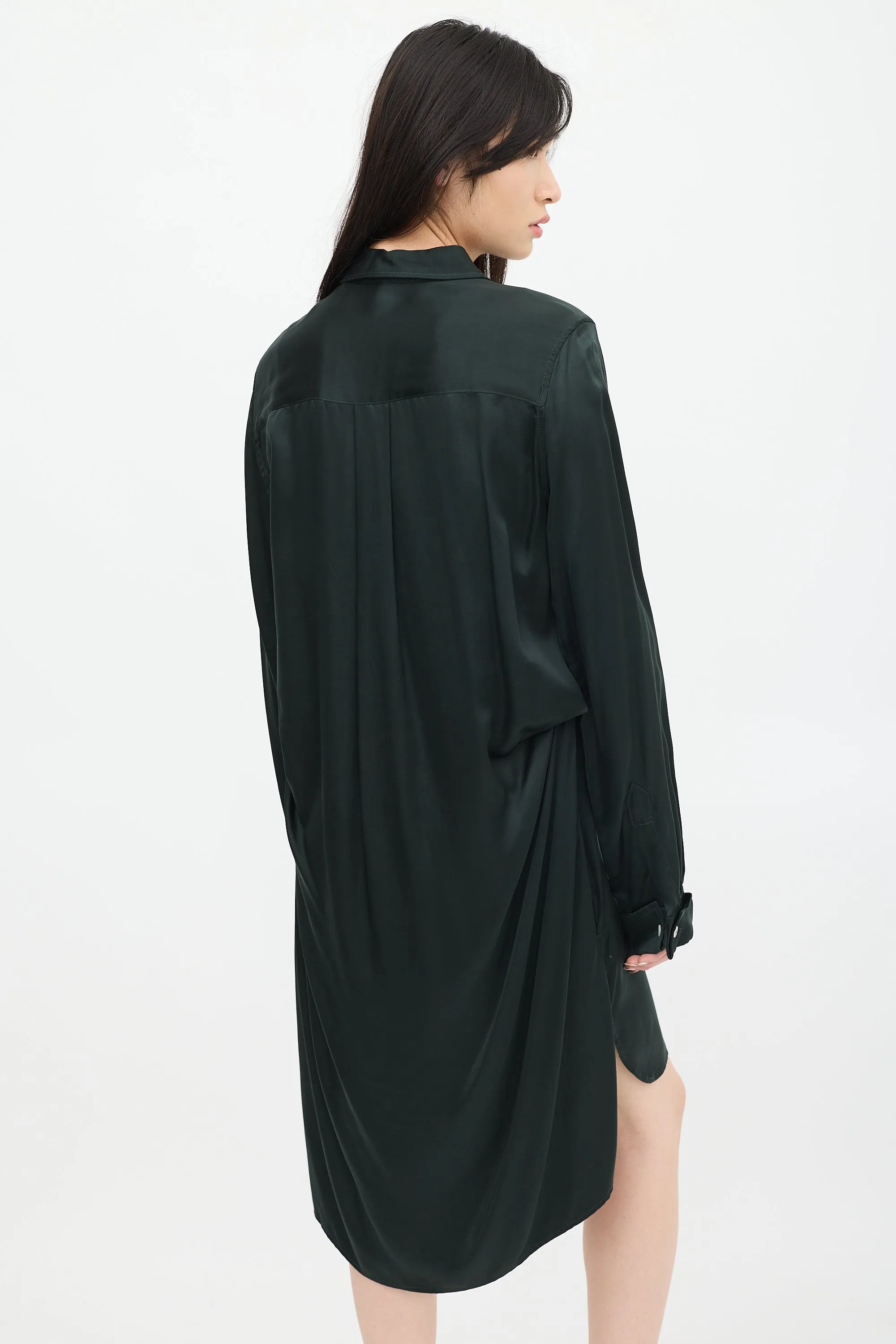 Green Satin Shirt Dress