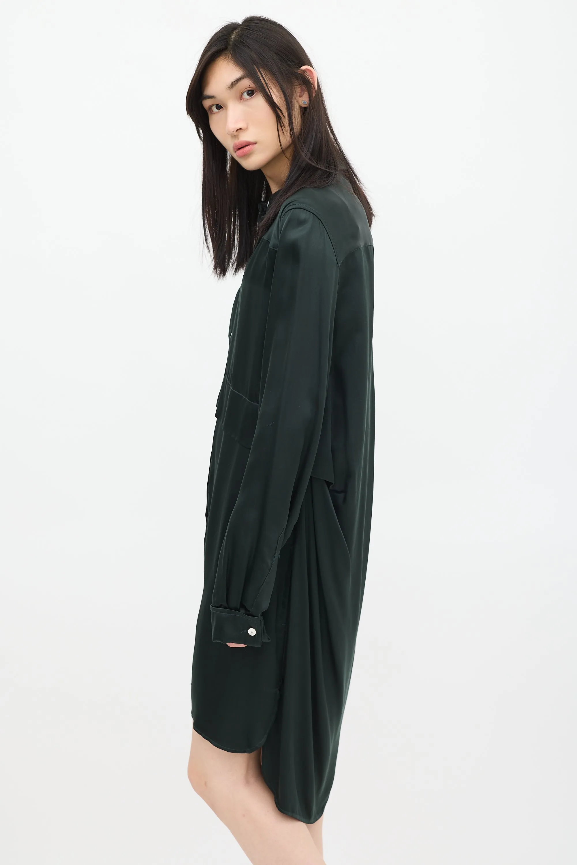 Green Satin Shirt Dress