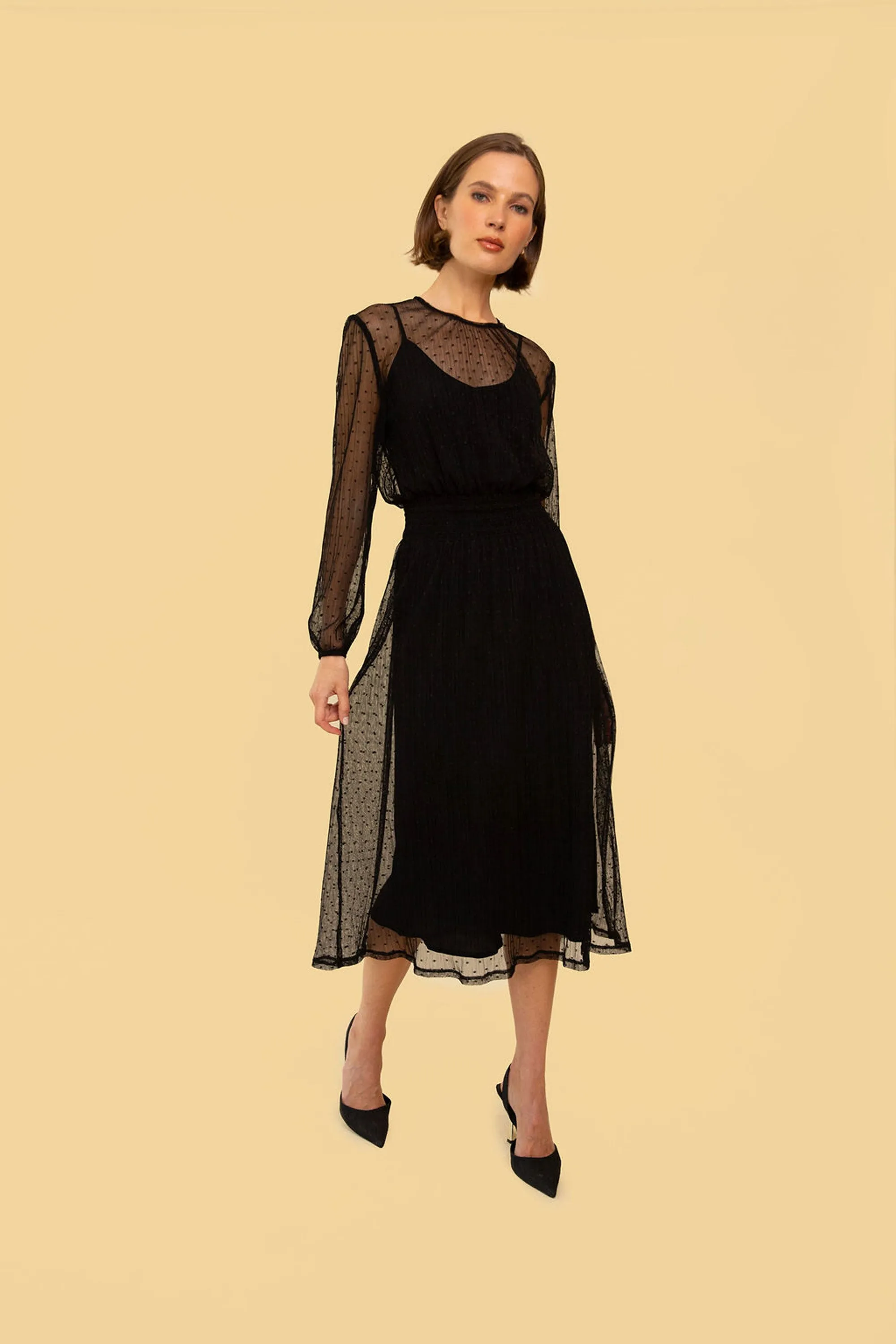 Greta Dress in Black Sheer Polka Dot