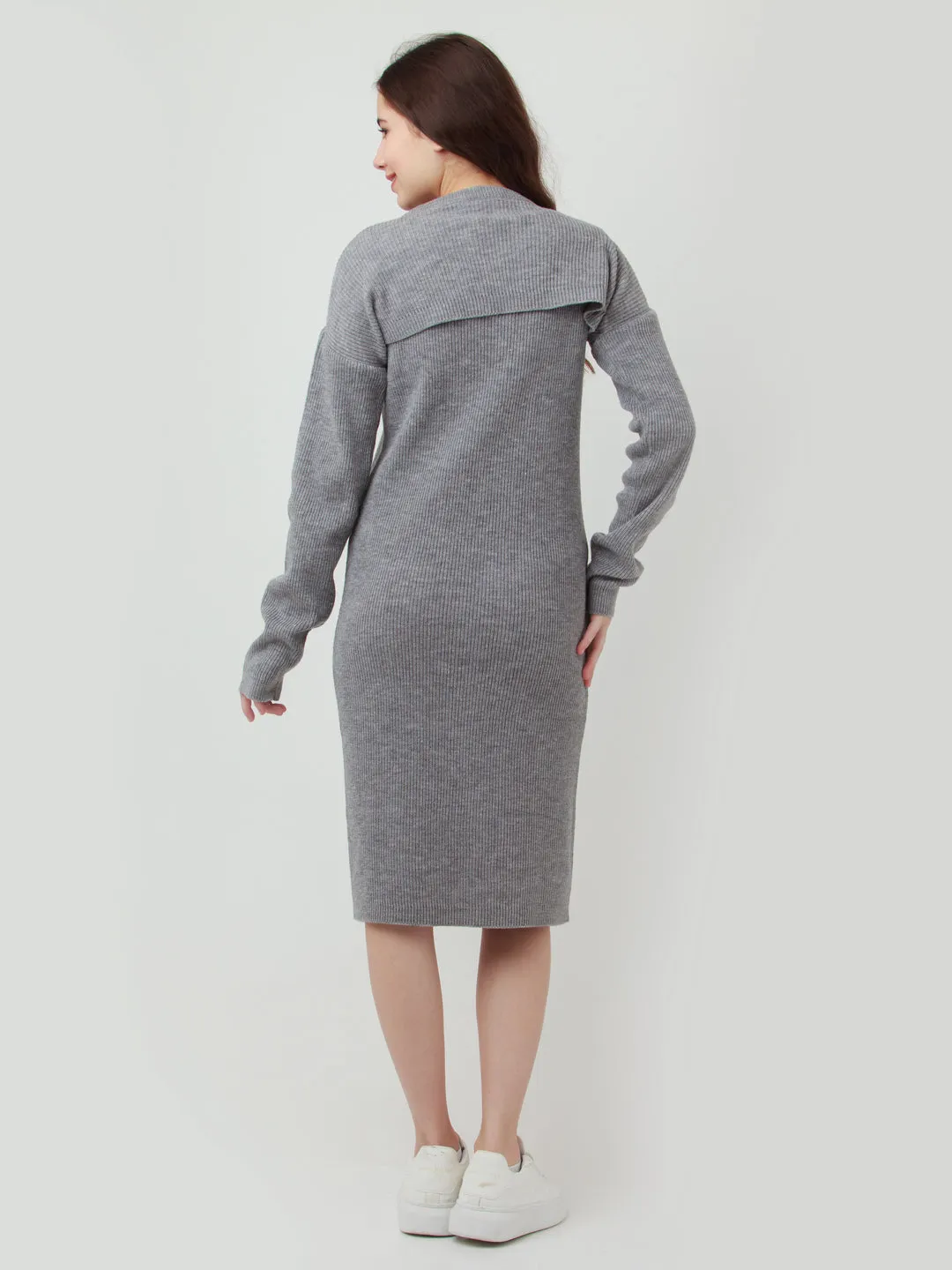 Grey Solid Cut Out Sweater Dress