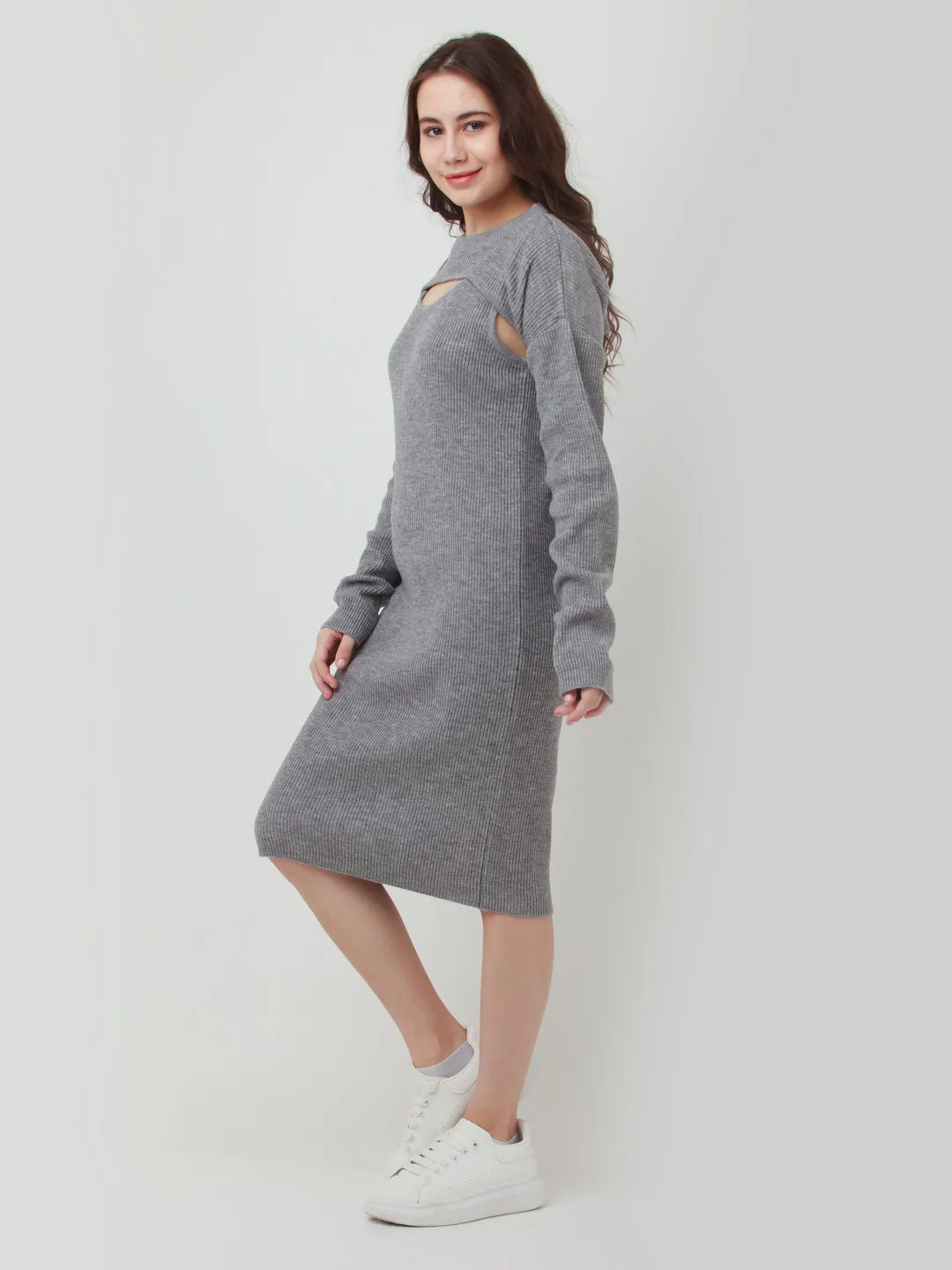 Grey Solid Cut Out Sweater Dress