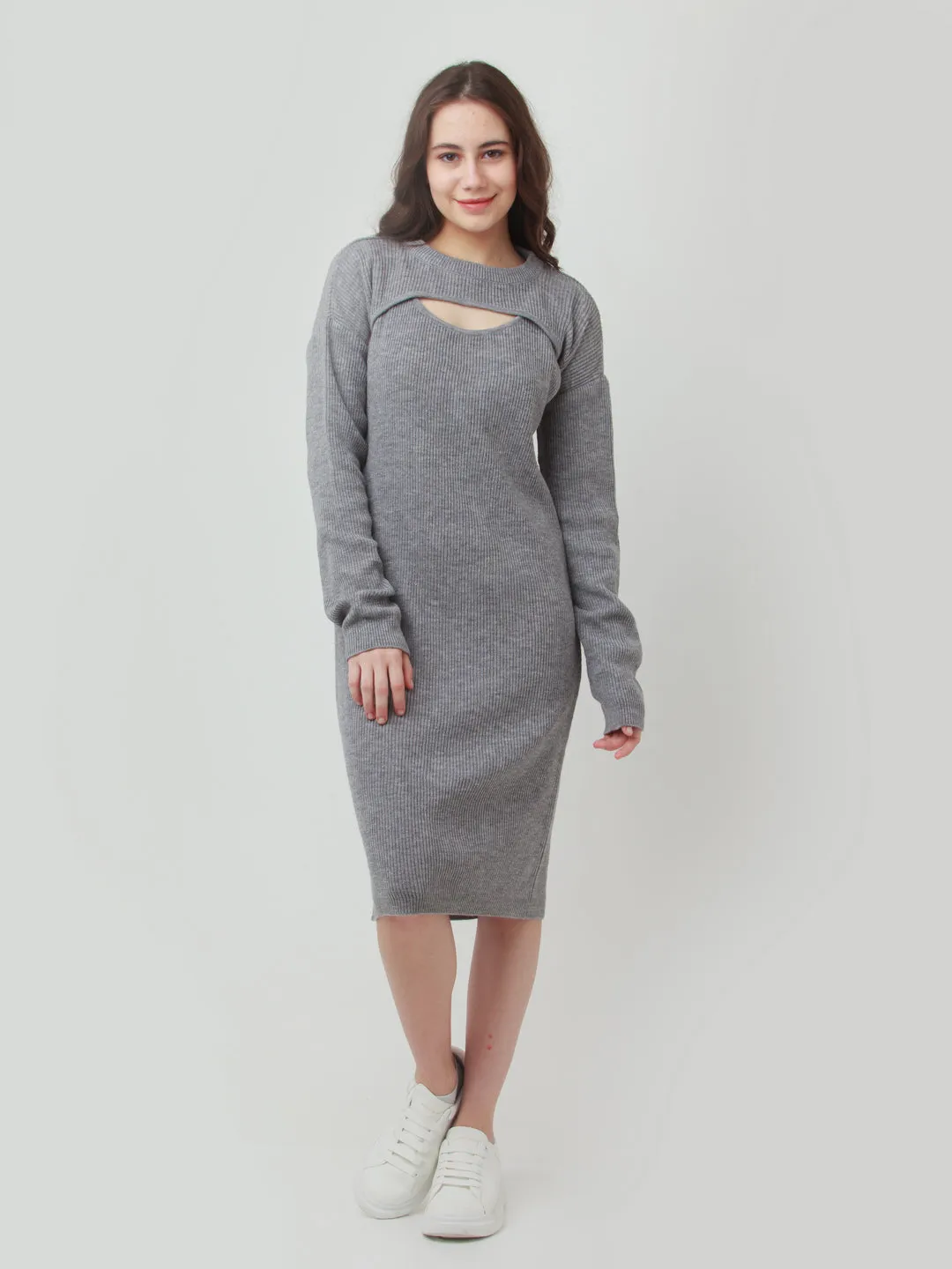 Grey Solid Cut Out Sweater Dress