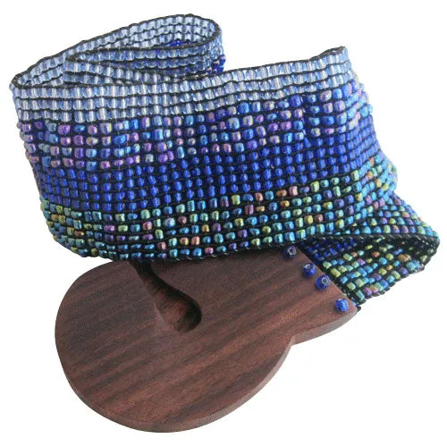 Handmade Ombre Light to Dark Blue Bead Belt with Wood Buckle