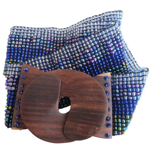 Handmade Ombre Light to Dark Blue Bead Belt with Wood Buckle