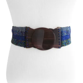 Handmade Ombre Light to Dark Blue Bead Belt with Wood Buckle