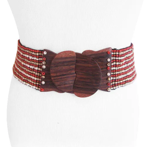 Handmade Sand Stripe White/Coral Red/Tan Bead Belt with Wood Buckle