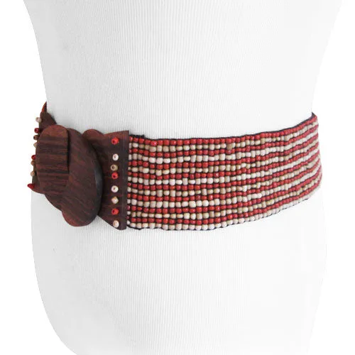 Handmade Sand Stripe White/Coral Red/Tan Bead Belt with Wood Buckle