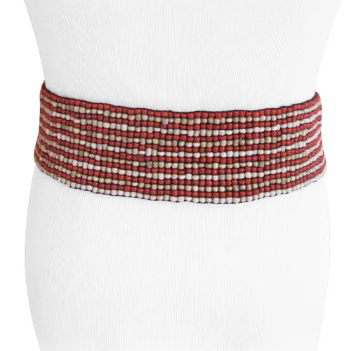 Handmade Sand Stripe White/Coral Red/Tan Bead Belt with Wood Buckle