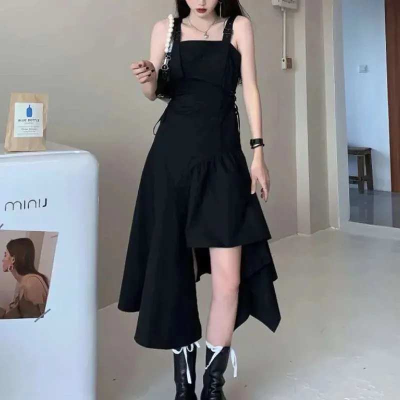 Harajuku Black Slip Dress Korean Style Streetwear Women Summer Sundress Goth Gothic Punk Midi Dress Bandage Party